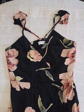 Summer Light Airy Black Floral Wrap Sundress with Pink Peach Blooms
